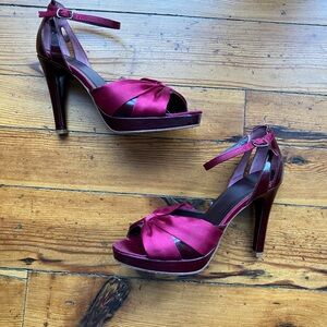 Burgundy Satin Platform Ankle-Strap Heels-Sisley